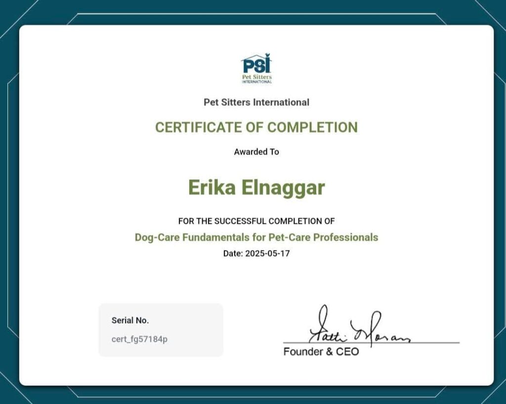 Pet Sitters International — Dog-Care Fundamentals certificate awarded to Erika Elnaggar