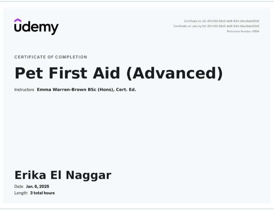 Udemy certificate — Pet First Aid (Advanced)