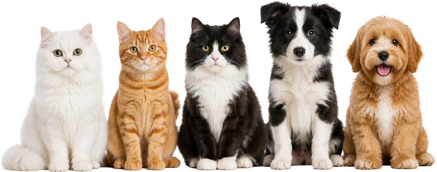 A row of cats and dogs sitting side by side